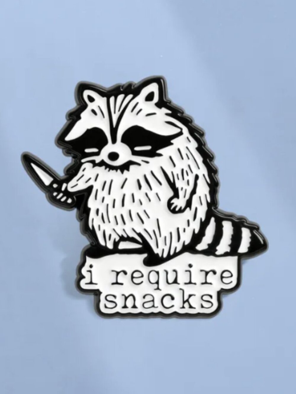 I Require Snacks Raccoon Enamel Pin – Funny Trash Panda Lapel Pin